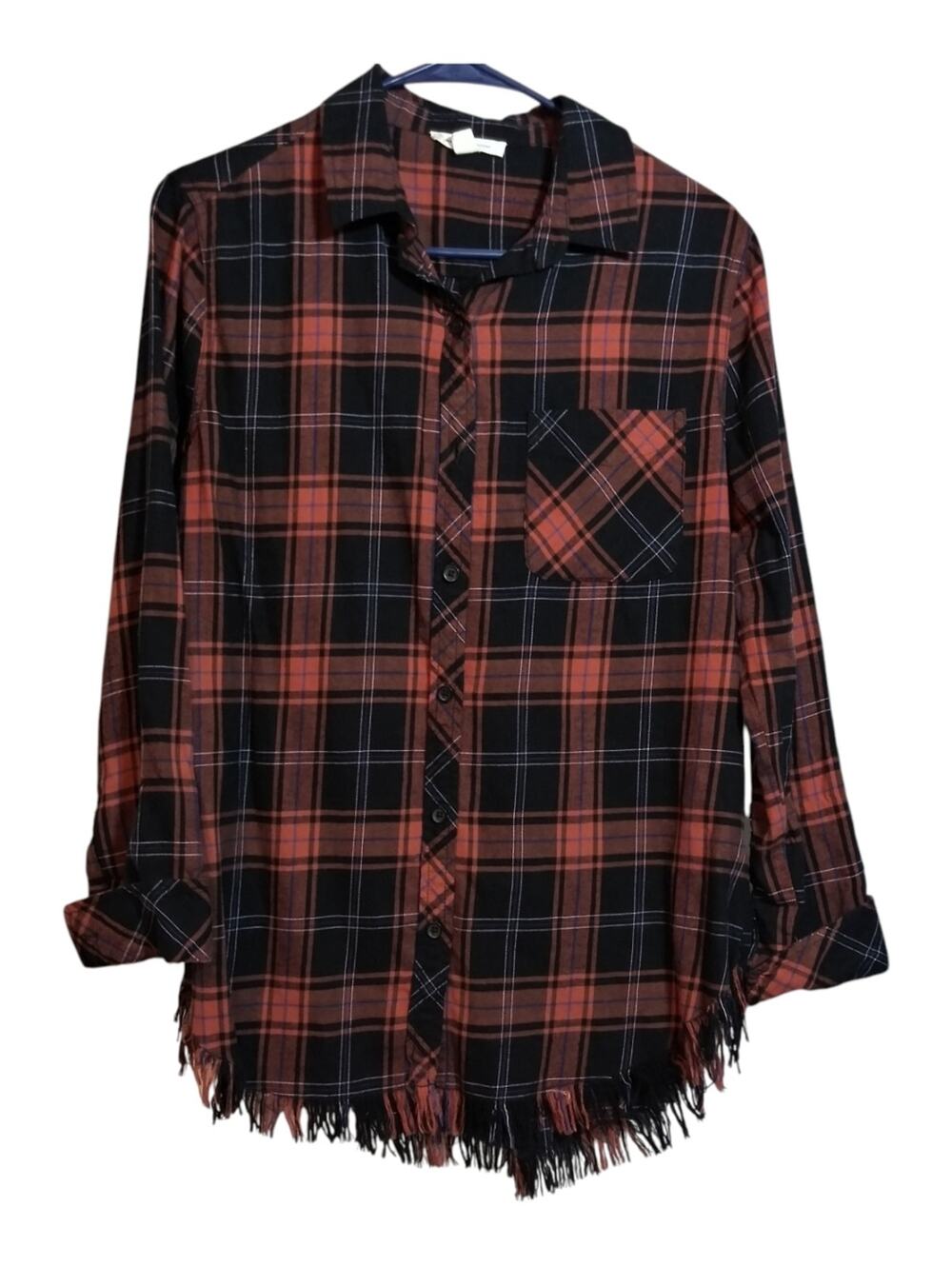Beach Lunch Lounge Elyse Plaid Button Front Shirt Frayed Hem Size XS